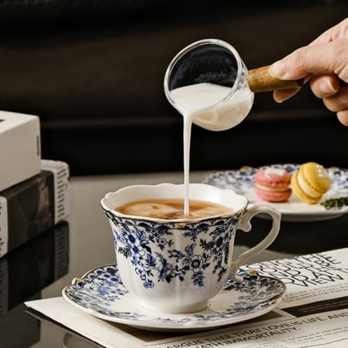 Set of 2 Porcelain Tea Cups and Saucers with Spoon, 6 Oz