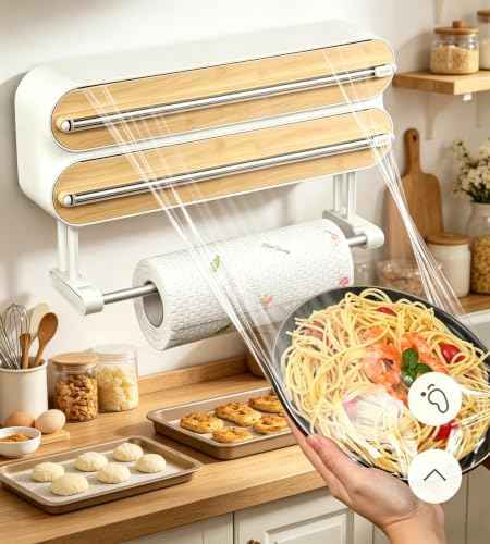 3-in-1 Plastic Wrap Dispenser with Cutter, Magnetic & Self-Adhesive Wall Mount for Aluminum Foil, Parchment Paper & Cling Wrap, Kitchen Organizer with Paper Towel Holder