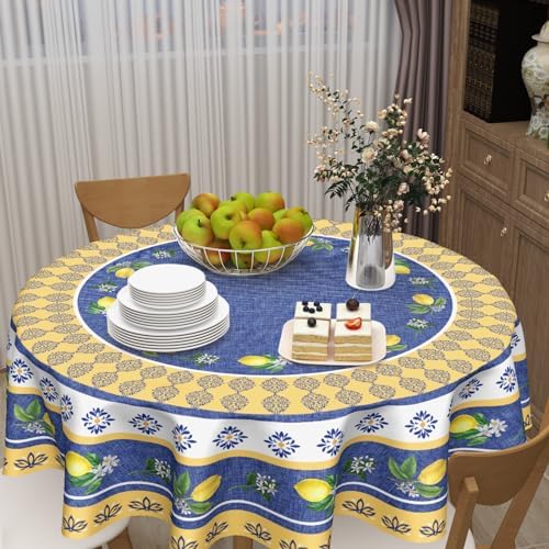 Lemon Round Tablecloth 60 Inch Blue Yellow French Country Style Fruit