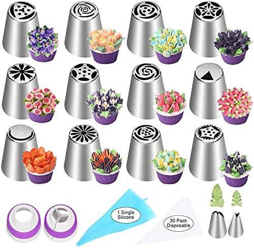Russian Piping Tips Set, 47 Pcs Flower Cake Decorating Kit with Icing