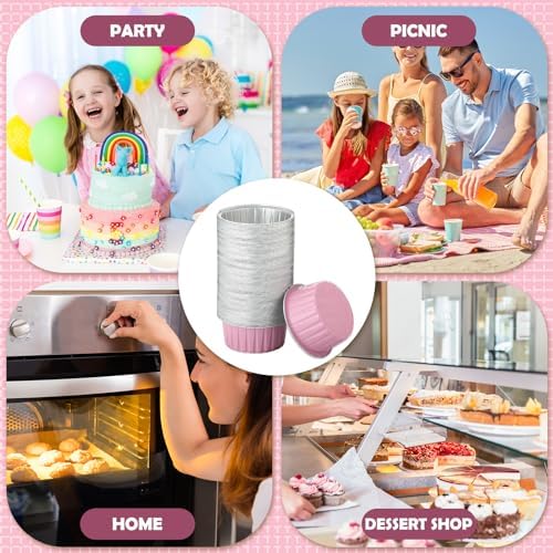 Hushee 300 Set Aluminum Foil Baking Cups with Lid Spoons, Round, Pink