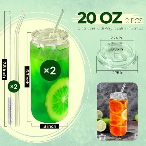 Joyclub 2pcs Glass Cups with Acrylic Lids and Straws 20 oz Drinking