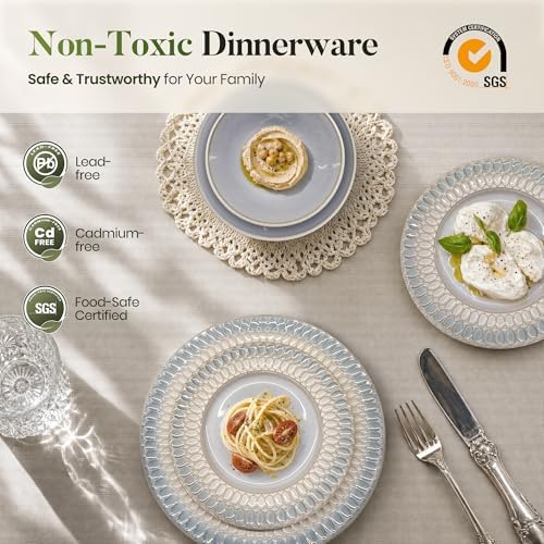 Kitchen Academy 32pcs Stoneware Plates and Bowls Set for 8, Blue