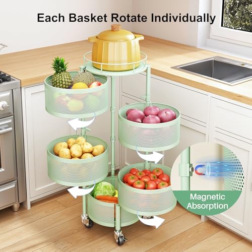 SAYZH 5 Tier Fruit Vegetable Basket Stand for Kitchen, Rotating, Green