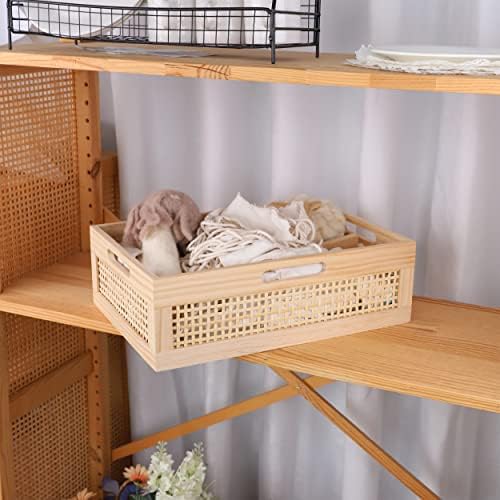 YRMT Wooden Baskets Shallow Wood Storage Basket Crate with Handles