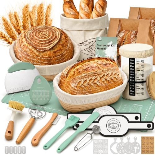 Sourdough Starter Kit, Round & Oval Banneton Baskets, Starter Jar