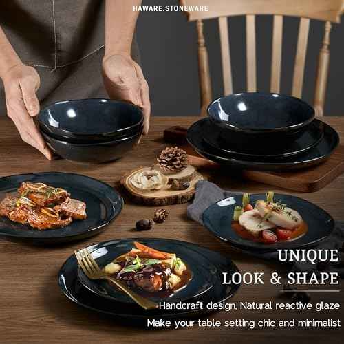 HaWare Plates and Bowls Set, Stoneware Dinnerware Sets, 24-Piece Hand-painted Dishware for 8, Ceramic Dinner Set for Home Kitchen, Microwave and Dishwasher Safe, Reactive Starry Blue