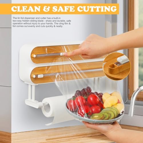 Magnetic Plastic Wrap Dispenser with Cutter - Quasziwa Refillable Tin Foil and Plastic Wrap Organizer for Kitchen, Aluminum Foil Dispenser with Paper Towel Holder Wall Mount - Fits 12" Roll, White