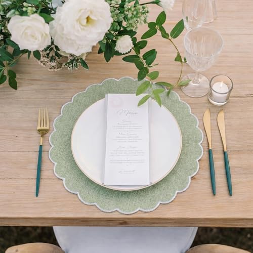 Set of 12 Sage Green Cotton Placemats 15" Round Scalloped White