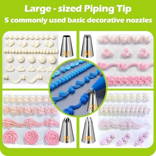 Suuker Large Piping Tips Set, 1M 2D 2F 6B 2A with Reusable Bag