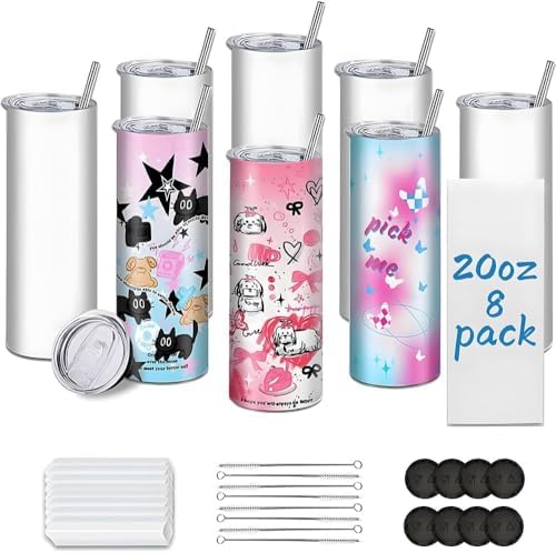8 Pack 20oz Sublimation Tumbler Blanks (Skinny Straight) in Bulk