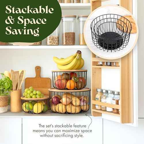 Fruit Basket for Kitchen Counter Set of 3 - Large Stackable Baskets with Bamboo Lid - Fruit Bowl, Perfect Holder For Fruits and Vegetable Storage -Keep Your Countertop Classy, Tidy and Slightly Fruity
