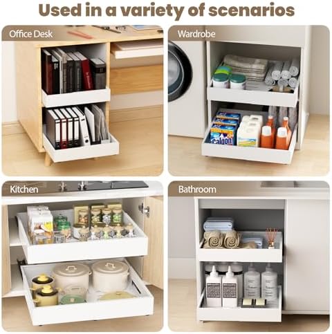 Dayacoco Pull Out Cabinet Organizer, Expandable Width (11.4"-19.4") and Depth (16.7"-21") With 3 Rails, Heavy Duty Slide out Drawers for Kitchen Base Cabinet Organization, No Drill, White
