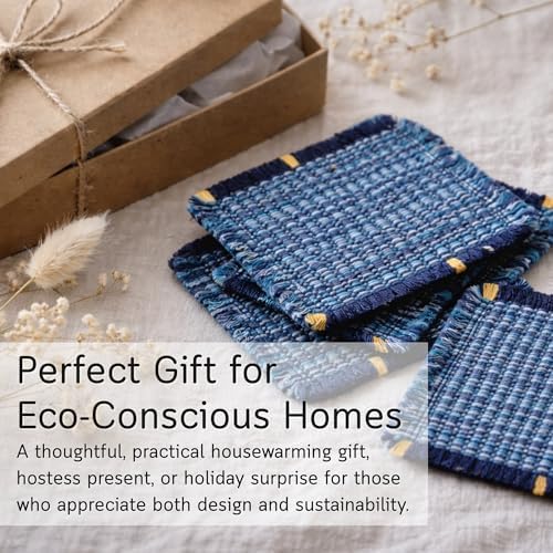 Boho Woven Coasters for Coffee Table Decor - Set of 6, Absorbent Blue