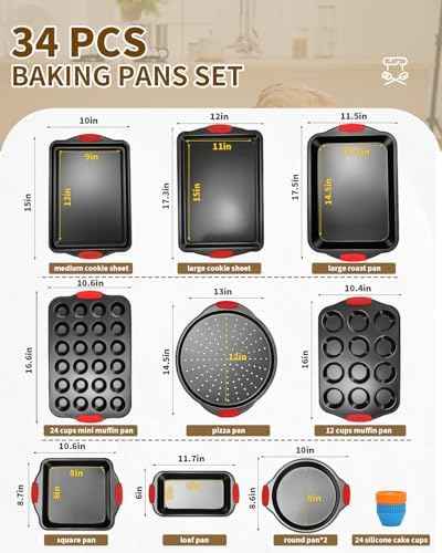 Baking Pans Set with Silicone Handles, 34 PCS Nonstick Bakeware Sets, Oven Pan Set Includes Baking Tray, Cookie Sheet, Cake Pans, Loaf Pan, Muffin Pan, Pizza Pan