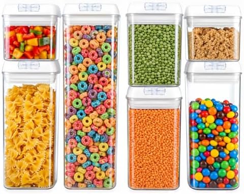 7-Piece Airtight Food Storage Containers with Lids, Clear Stackable Pantry Organization Set for Flour, Sugar, Cereal, Snacks and Kitchen Storage