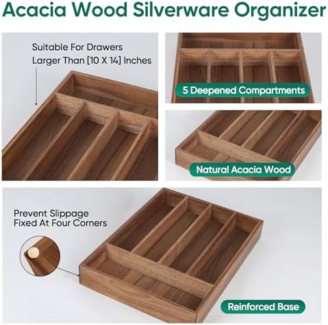 Acacia Wood Silverware Drawer Organizer, 5-Compartment Tray