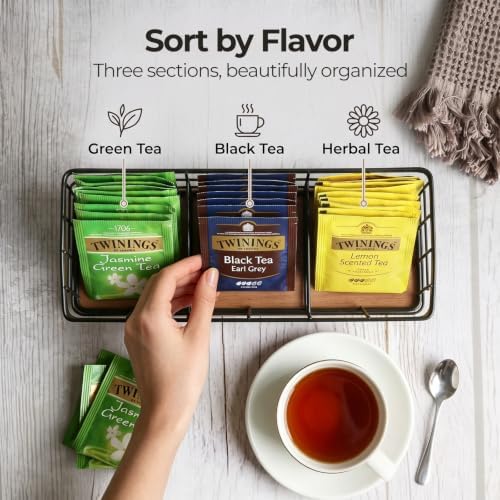 WILDMOS Tea Bag Organizer,Iron Wire Basket with Wooden Base.Tea