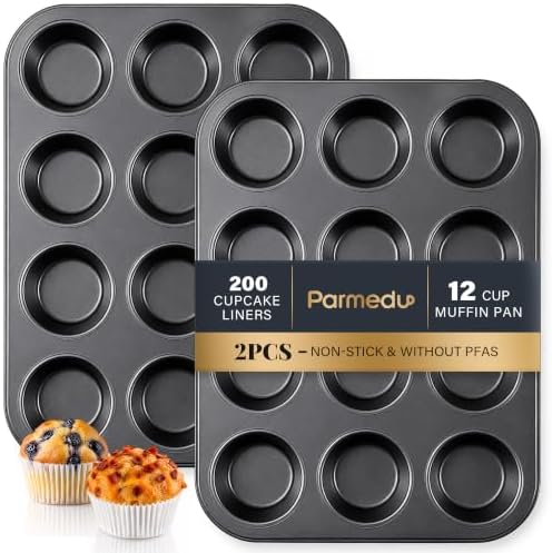 Parmedu 12 Cups Carbon Steel Muffin Pan Set with 200 Cupcake Liners, 2