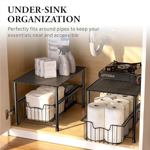 Simple Houseware Wired Stackable Under Sink Cabinet Sliding Basket, Black
