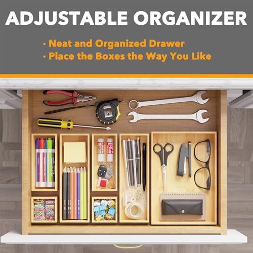 SpaceAid 7-Piece Bamboo Drawer Organizer Storage Boxes Set, Wood Tray