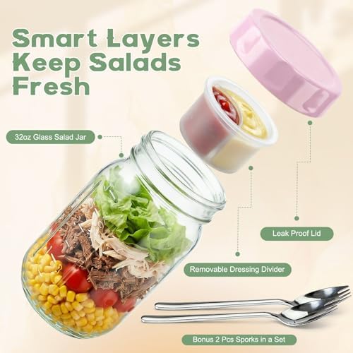 Salad Jars with Lids Meal Prep Containers Glass - 32oz Leakproof Mason
