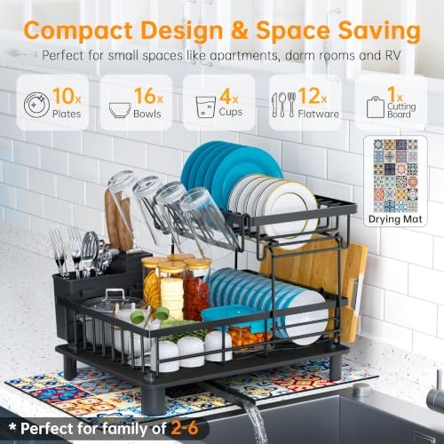 2-Tier Large Detachable Dish Drying Rack, Black
