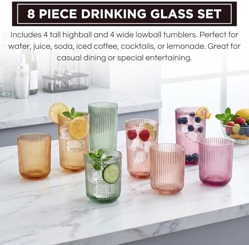 Set of 8 Dopamine Colored Ribbed Glassware, 4 Highball Glasses 14oz &