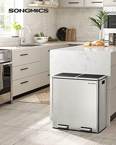 SONGMICS 2 x 8 Gallon Trash Can, Silver and Black