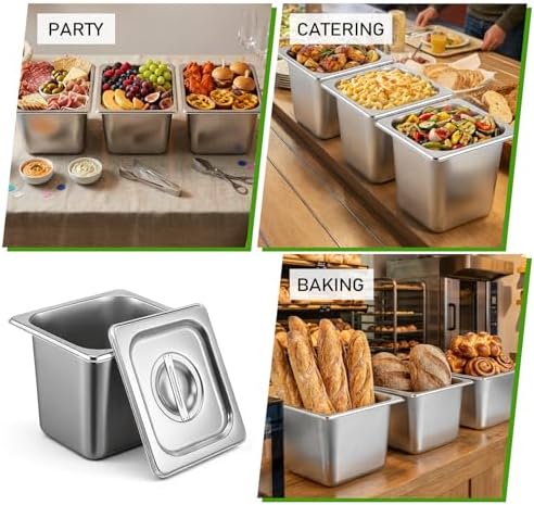8 Pack Stainless Steel Hotel Pans, 1/6 Size Hotel Steam Table Pan