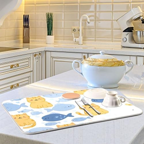 OTVEE Bubbly Cat Print Dish Drying Mat for Kitchen Counter Absorbent