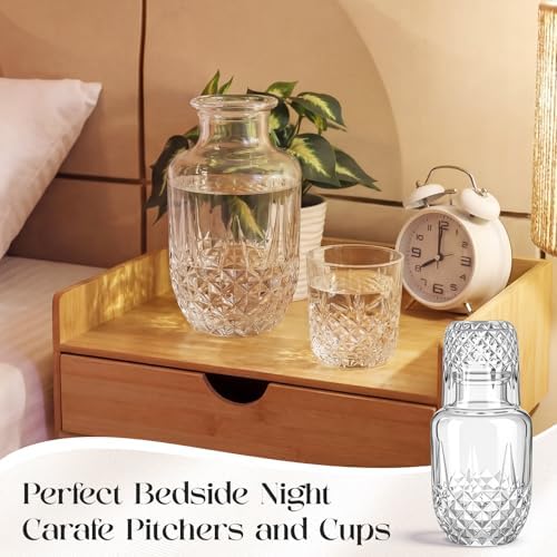 Hushee Set of 2 Vintage Bedside Water Carafe and Glass Set Clear