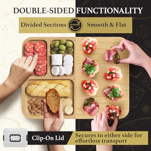 Charcuterie Board with Lid - Reversible, 2-in-1 Travel Portable Cheese Board for Picnics & Entertaining - Housewarming Gift Set Idea - Covered Snack Serving Tray - Large Food Platter