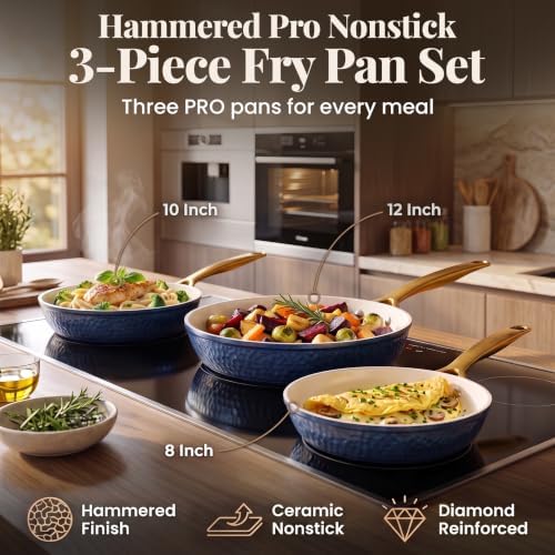 GOTHAM STEEL Hammered 3pc Ceramic Nonstick Frying Pans Set Titanium