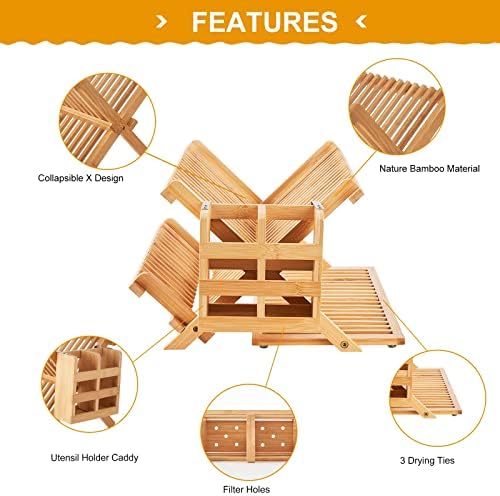 Bamboo 3-Tier Dish Drying Rack with Utensil Holder