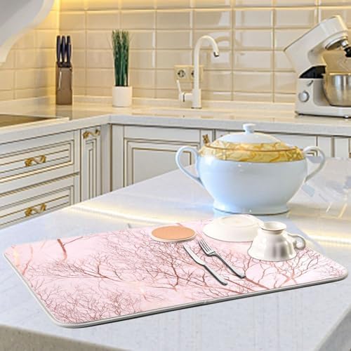 OTVEE Branch Charm Print Dish Drying Mat for Kitchen Counter Absorbent