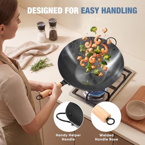 Sweetcrispy 13.5 Inch Carbon Steel Wok Pan, Pre-Seasoned Flat Bottom