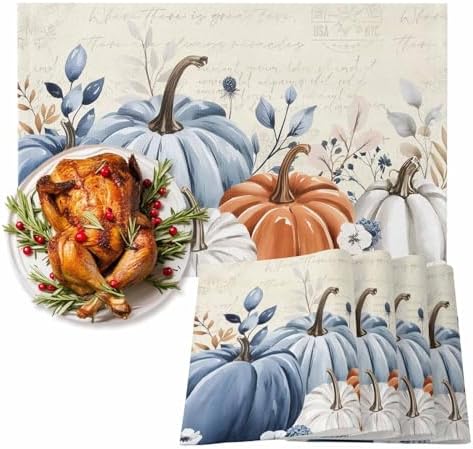 Fall Placemats Set of 4 Blue Pumpkin Place Mats Floral Leaves Autumn