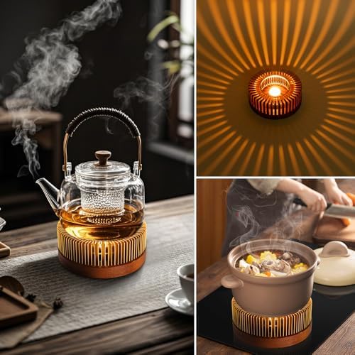Teapot Warmer, Aluminum Tea Warmer with Wooden Base, Candle Heater for