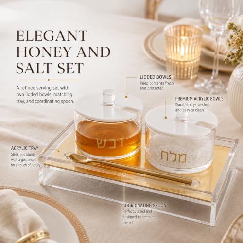 Khen Rosh Hashanah Honey And Salt Dish Set Lids Spoon Clear Acrylic