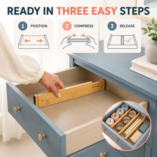 6-Pack Bamboo Drawer Dividers, Adjustable & Expandable Drawer