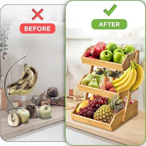 KOMFORA Bamboo 3 Tier Fruit Basket, Produce Basket for Kitchen Counter