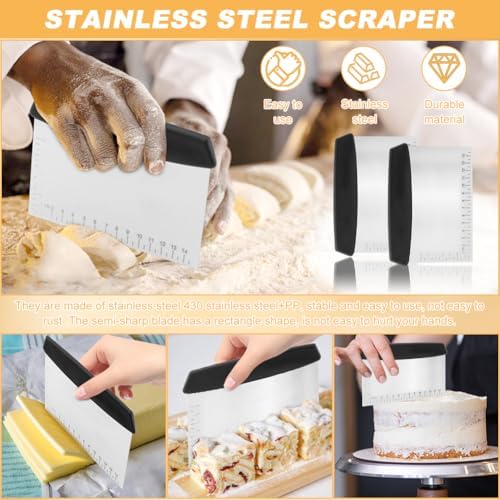 Bench Scraper Set 5pcs, Stainless Steel Dough Cutter w/Scale+Bowl