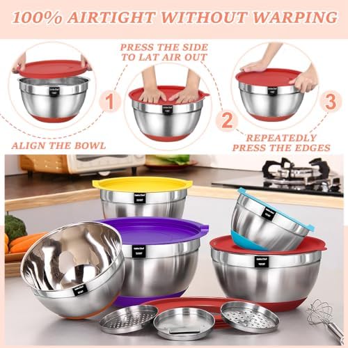 Umite Chef Mixing Bowls with Airtight Lids Set, 8PCS Stainless Steel