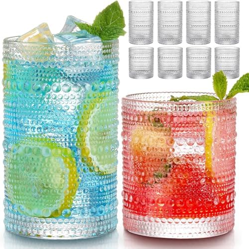 Hlukana Vintage Hobnail Drinking Glasses Set of 8, 12 oz Highball