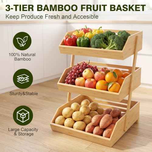 3 Tier Fruit Basket - Bamboo Fruit Bowl for Kitchen Counter, Large Tiered Storage for Bread Snacks Veggies, Durable & Easy to Assemble Stand for Countertop Organizer