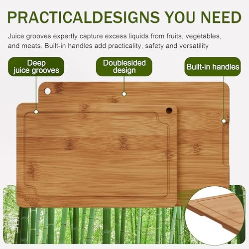 3-Piece Bamboo Cutting Board Set Serving Tray Juice GroovesHandles