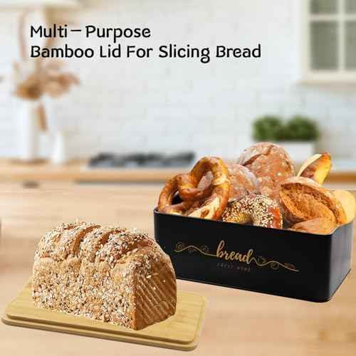 Bread Box with Bamboo Cutting Board Lid, Metal Bread Box for Kitchen Counter, Small Bread Storage Container, Black Bread bin for Kitchen Countertop