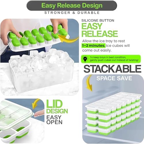 56pcs Ice Cube Tray with Lid and Bin – Stackable 4 Trays Plastic