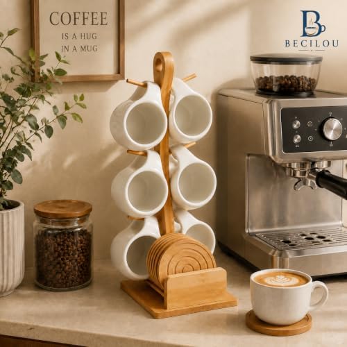 Coffee Mug Set of 6 with Bamboo Rack, White Ceramic Coffee Cups with